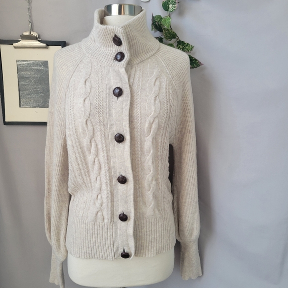 J. Crew Balloon Sleeve Cable Knit Cardigan Heather Oatmeal M - Picture 2 of 14